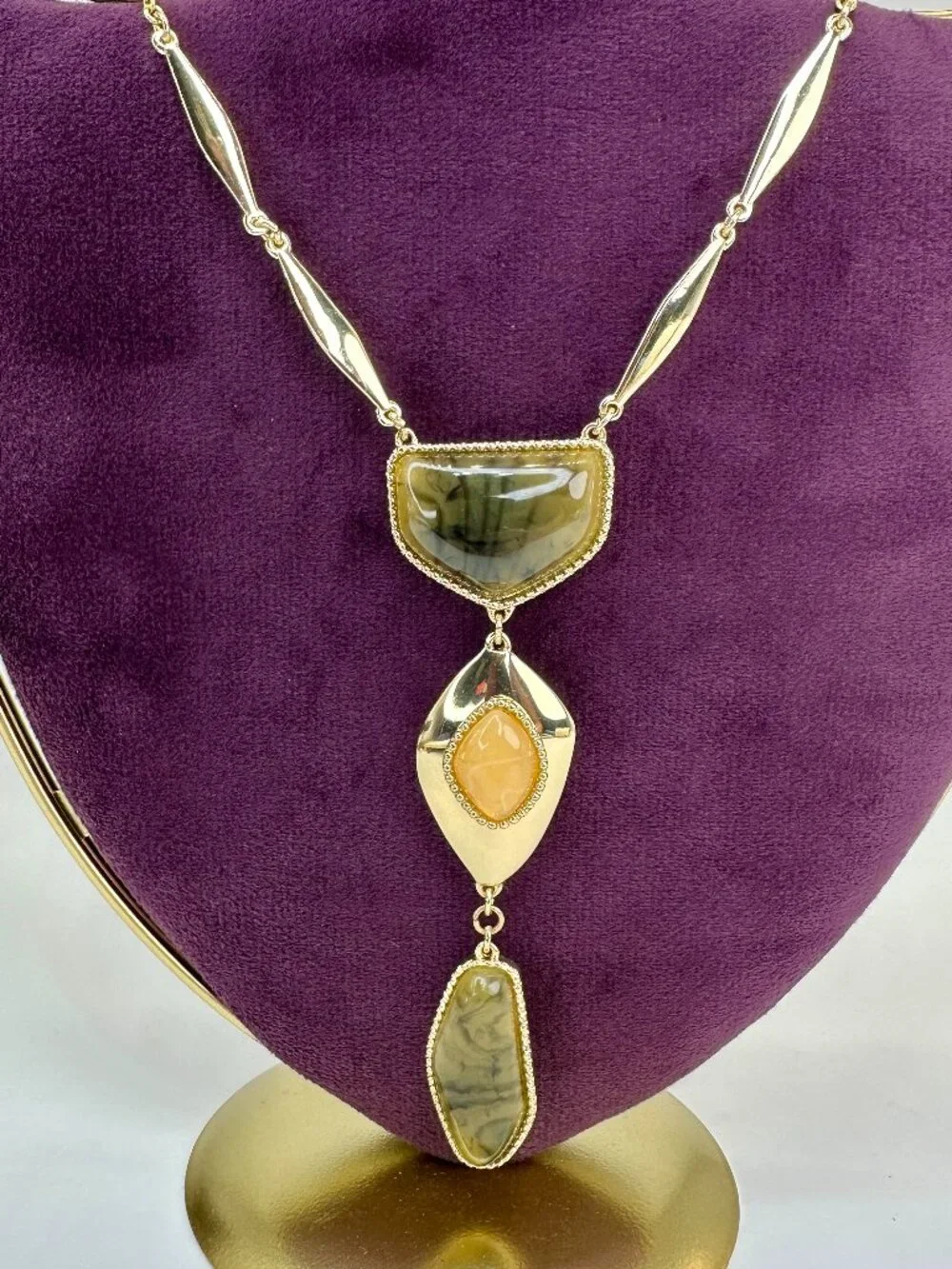 Charming Charlie Gold Tone Green Peach Statement Necklace